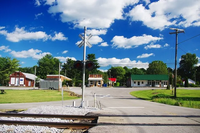 Railroad tracks and buildings along Main Street in Oakland, Kentucky, United States.