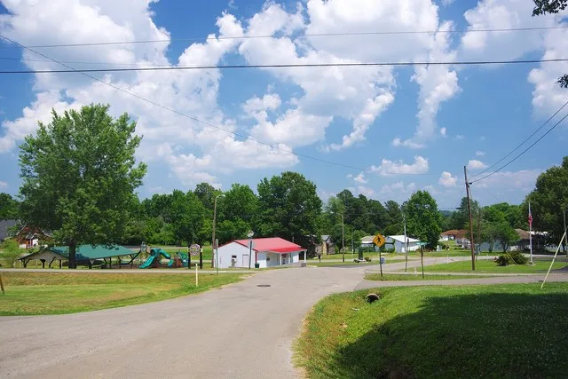 View along Willis Drive in Powderly, Kentucky, United States, with the park and community center on the left.
