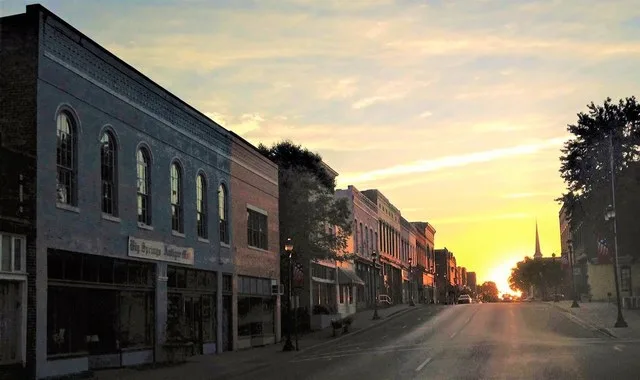 Looking up main street in Princeton's historic downtown district at sunset.