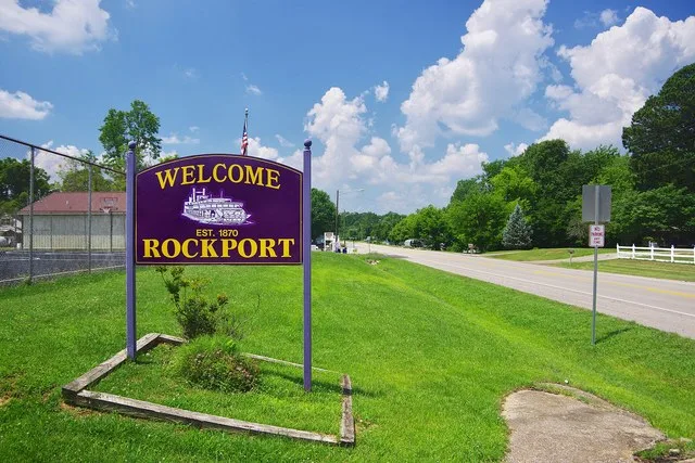 Welcome sign along U.S. Route 62 in Rockport, Kentucky, United States.