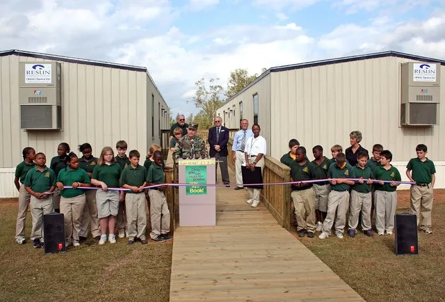 Angie, LA November 15, 2005 - Colonel Charles Smithers III, U.S. Army Corps of Engineers, spoke at the dedication of two modular classroom buildings at Angie Junior High School in...