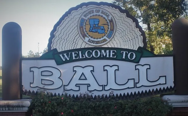 Welcome sign at Ball, Louisiana