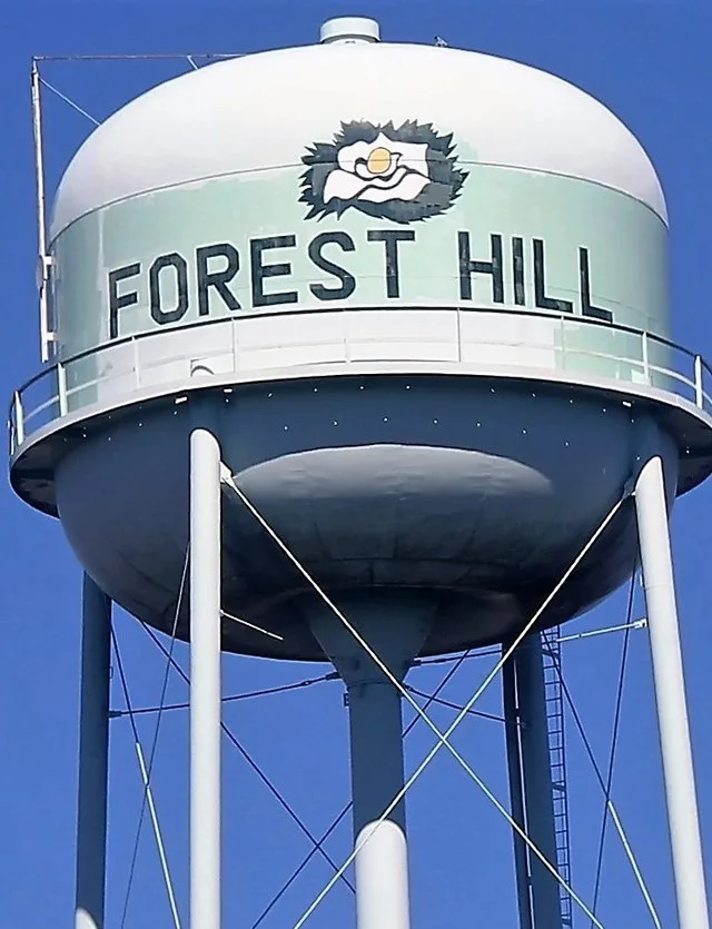 The water tower in Forest Hill, LA, in south Rapides Parish.