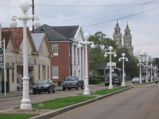 Main street in Franklin, Louisiana, in March 2007. Running parallel to Bayou Teche, Main Street is flanked by two rows of huge live oak trees.