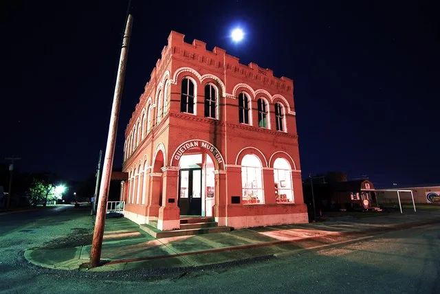 The historic Gueydan Museum, Gueydan, Louisiana. Night view.