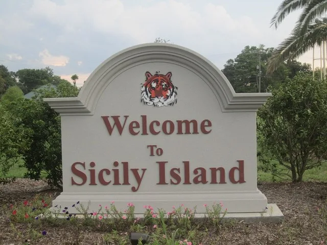 Welcome sign. I took photo with Canon camera in Sicily Island, LA.