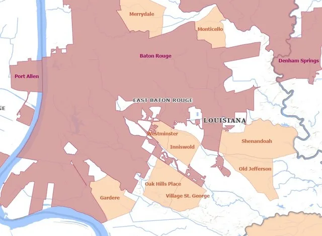 Map of Census Designated Places to be included in city of St. George, Louisiana