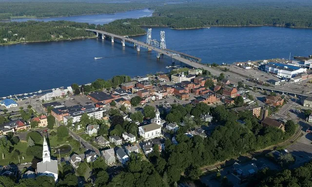 Aerial view of downtown Bath, Maine, a city of 8,870 residents nicknamed the "City of Ships" due to its major shipyard located on the Kennebec River