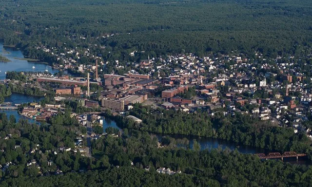 Aerial view of downtown Biddeford, Maine (pop. 22,552).