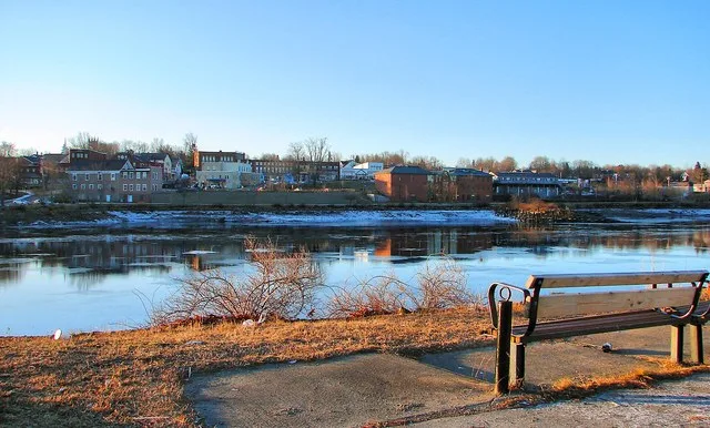 Calais, Maine, USA (seen from St. Stephen, New Brunswick, Canada, with the St. Croix River in foreground).
