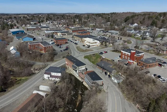 Aerial view of downtown Caribou, Maine, the second largest city in Aroostook County (pop. 7,396).