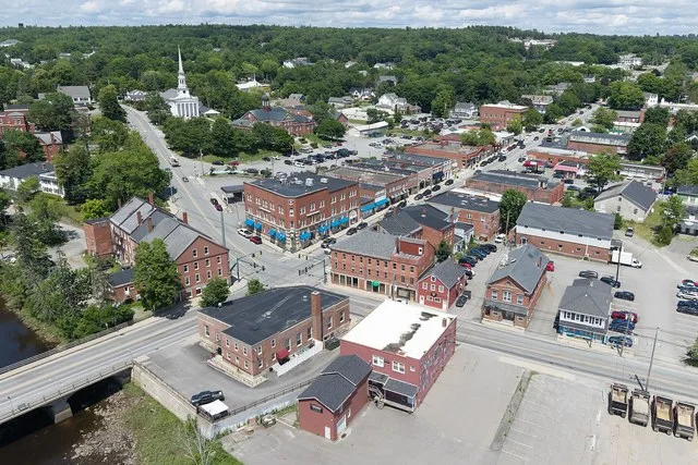 Aerial view of downtown Ellsworth, Maine (pop. 8,399) along the Union River.