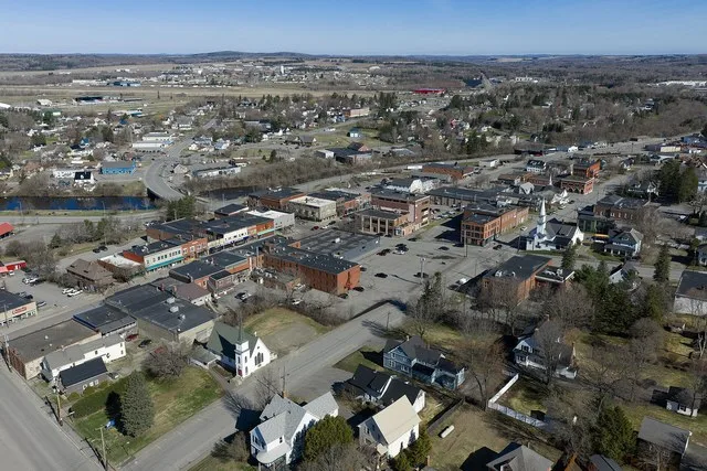Aerial view of downtown Presque Isle, Maine (pop. 8,797).