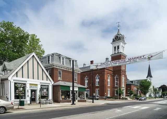 Main Street, Saco Maine. The building with the clock tower is City Hall.