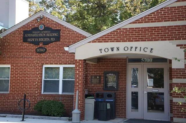 In Berwyn Heights, Maryland, the town center with sign