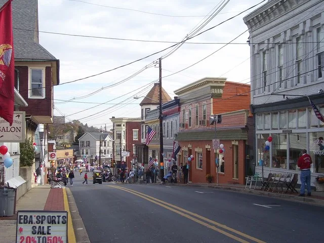 The historic downtown business district along Potomac Street in Brunswick, Maryland.