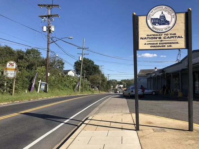 View east along Maryland State Route 332 (Central Avenue) at Southern Avenue in Capitol Heights, Prince George's County, Maryland