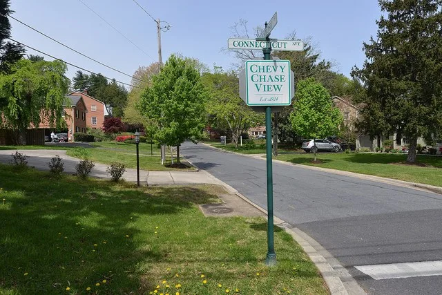 Sign and entrance road to Chevy Chase View in Montgomery County, Maryland.