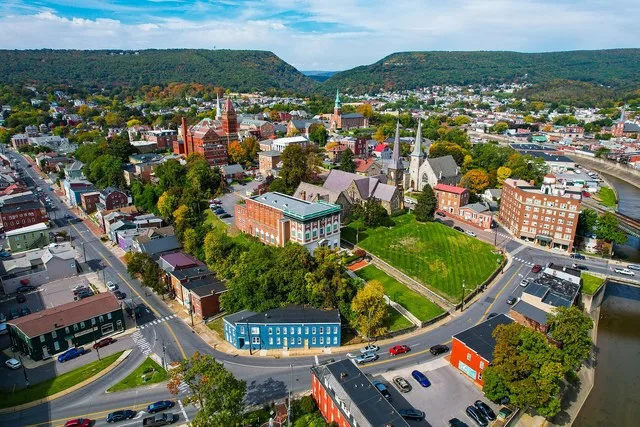 An aerial photograph of Cumberland, Maryland in October 2022.