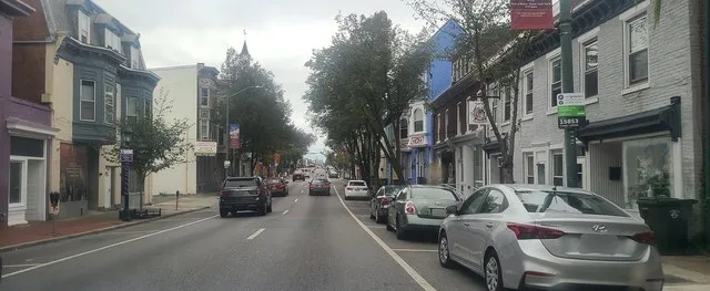 Downtown Hagerstown, Maryland looking west on Franklin Street . Image slightly edited to crop out hood of vehicle and blur license plates.