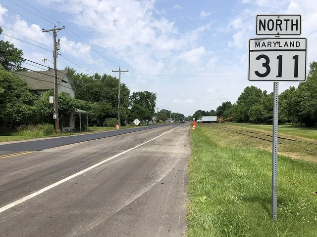 View north along Maryland State Route 311 (Henderson Road) at Bee Tree Road in Henderson, Caroline County, Maryland