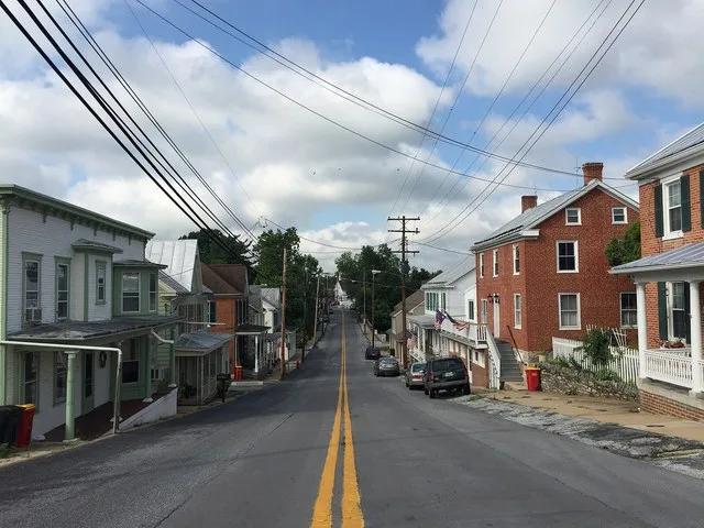 View west along Maryland State Route 845 (Main Street) between Park Lane and Antietam Drive in Keedysville, Washington County, Maryland