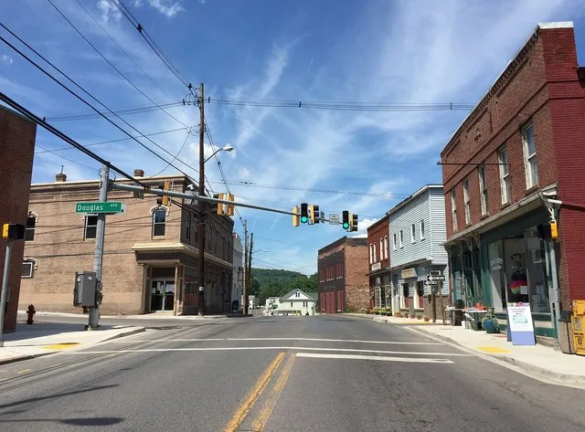 View north along Maryland State Route 36 (Main Street) at Douglas Avenue in Lonaconing, Allegany County, Maryland