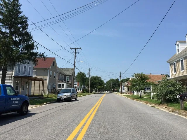 View west along Maryland State Route 821 (Main Street) at Railroad Avenue in Marydel, Caroline County, Maryland