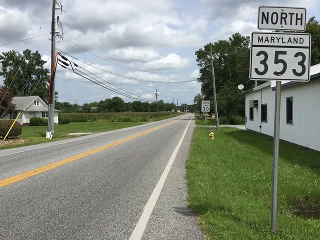 View north along Maryland State Route 353 (Gumboro Road) at Maryland State Route 346 (Old Ocean City Road) in Pittsville, Wicomico County, Maryland