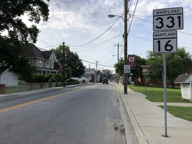 View south along Maryland State Route 331 and west along Maryland State Route 16 (Main Street) at Chambers Street in Preston, Caroline County, Maryland