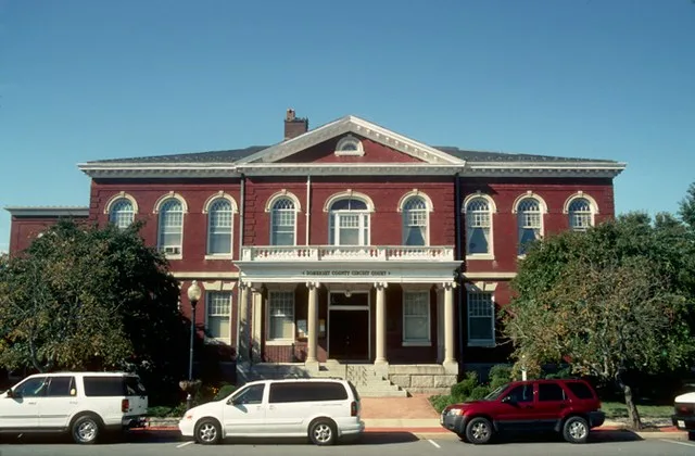 Front of the Somerset County Courthouse , located at 30512 Prince William Street in Princess Anne , Maryland , United States . It is part of the Princess Anne Historic District ...