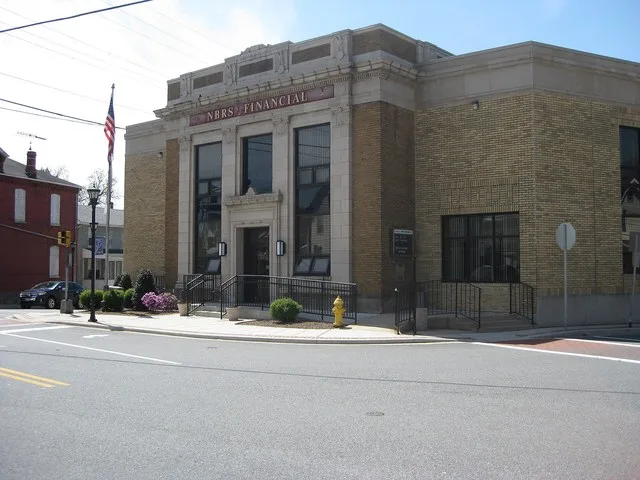 The NBRS bank at the corner of Main St, Queen St, and Pearl St in Rising Sun, Maryland