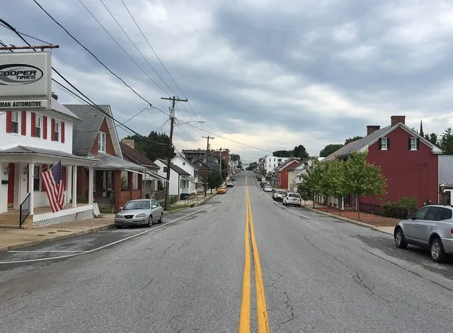 View south along Maryland State Route 66 (Water Street) at Pennsylvania Avenue in Smithsburg, Washington County, Maryland