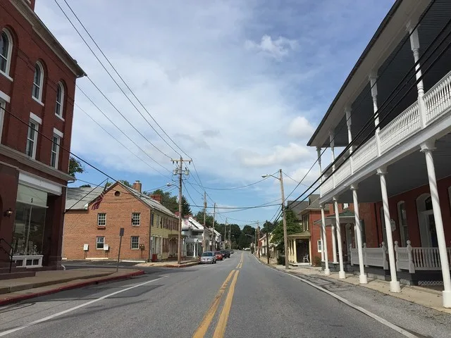 View north along Main Street between Elizabeth Street and Dorcus Alley in Woodsboro, Frederick County, Maryland