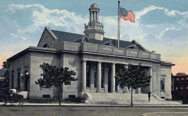 Beverly Main Post Office, Beverly, MA; from a 1919 postcard. Designed by James Knox Taylor, Supervising Architect of the U. S. Treasury, the building was added in 1986 to the Nati...