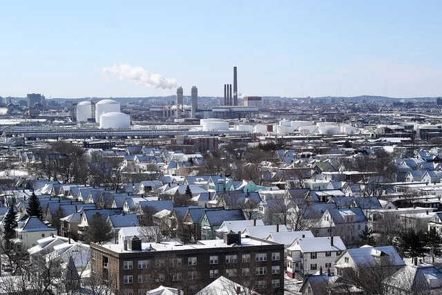 Everett, Massachusetts in winter from the Whidden Hospital. Note the densely packed houses with snow on the rooftops.