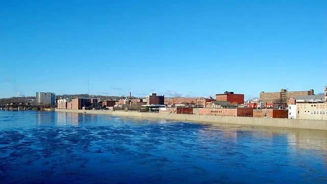 Looking northwards at Haverhill, Massachusetts across the Merrimack River on a blustery winter day.