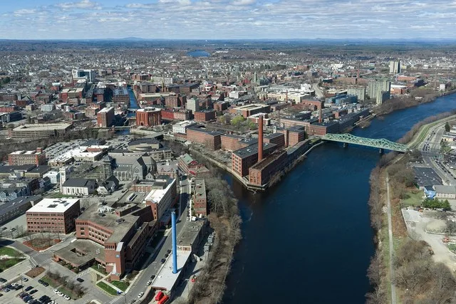 Aerial view of downtown Lowell, Massachusetts (pop. 115,554). In the 1800's the city became known as the cradle of the American Industrial Revolution because of its textile mills...