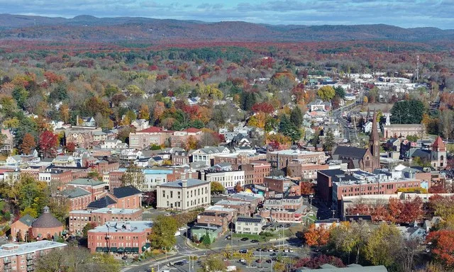 Aerial view of downtown Northampton, Massachusetts, a city of 29,571 people. Taken on November 1, 2025