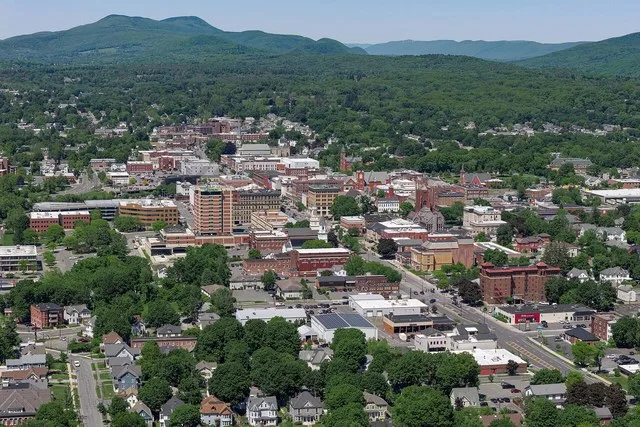 Aerial view of downtown Pittsfield, Massachusetts (pop. 43,927), the most populous city and county seat of Berkshire County.