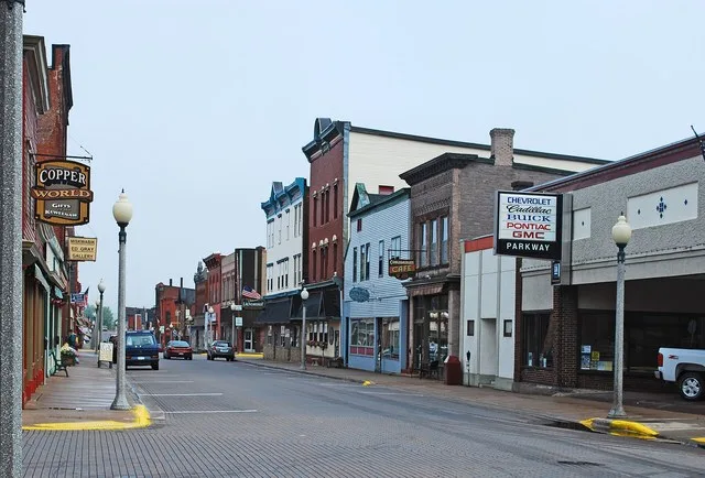 Historic buildings on 5th Street, in the Calumet Downtown Historic District —In Calumet , Upper Peninsula of Michigan.