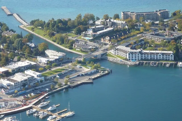Charlevoix, between Lake Michigan and Lake Charlevoix. The drawbridge is along US 31.