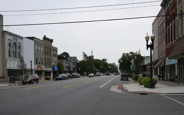 NRHP-listed Coldwater Downtown Historic District in Coldwater, Michigan . Looking along Chicago Street toward the east edge of the district, approximately at the corner of Chicago...