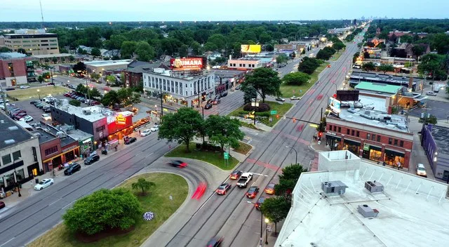 The core of Ferndale, Michigan's downtown area is the intersection of 9 Mile Rd and Woodward Avenue, exactly nine miles north of Downtown Detroit (which can be seen on the horizon...