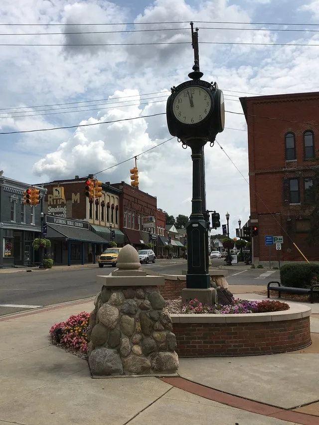 Downtown Flushing, Michigan, facing east from bridge Aug 6 2017