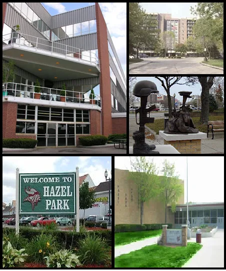 Montage of Hazel Park Hazel Park Racetrack Hazelcrest Apartments, tallest building in the city Monument to the Fallen Heroes at City Hall Hazel Park Welcome Sign Hazel Park High S...