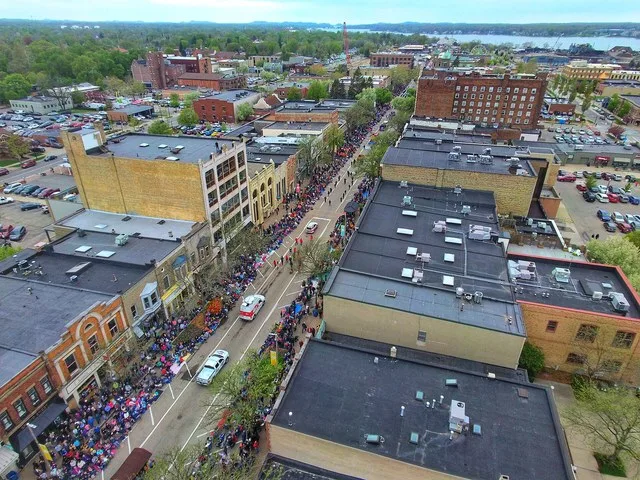 This aerial photo was taken during Tulip Time 2018. Facing west on 8th St.
