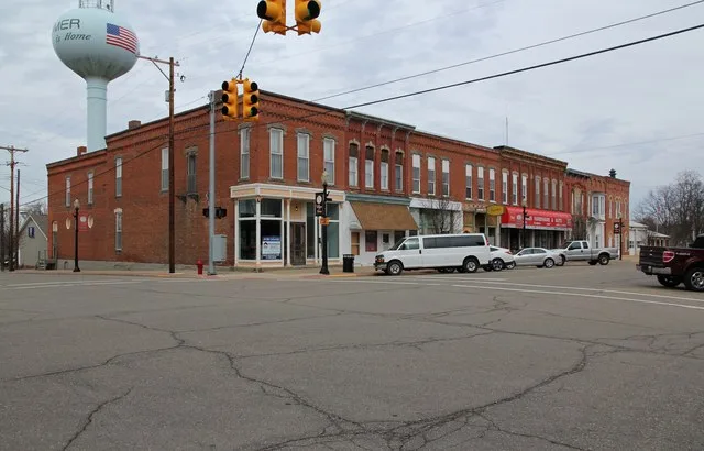 Commercial buildings in Homer, Michigan. The buildings are part of the Homer Historic District.