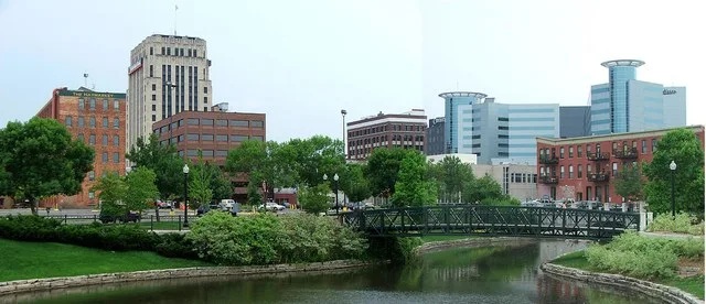 Looking southwest from N. Edwards Street in downtown Kalamazoo, Michigan. Round-topped towers are the Radisson Plaza hotel.