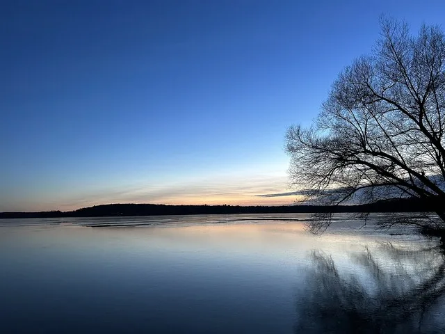 View of Lake Ann from Lakefront Park in Lake Ann, Almira Township, Benzie County, Michigan, at dusk